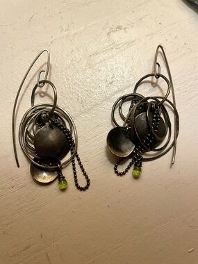 Artisan Oxidized Silver Multi-Disc Dangle Earrings with Authentic Peridot 🎉